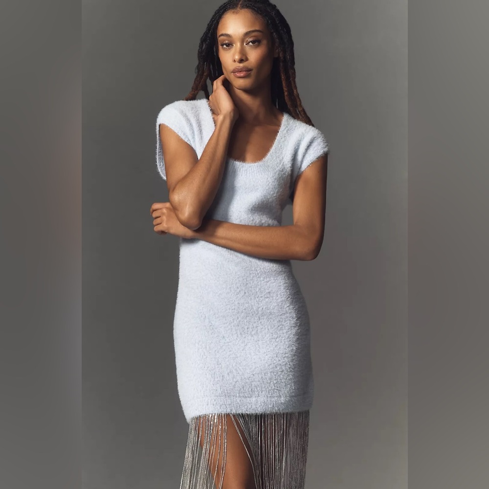 Anthropologie Fringe-Trim Sleeveless Sweater Dress Ice 🧊 Blue Color XL